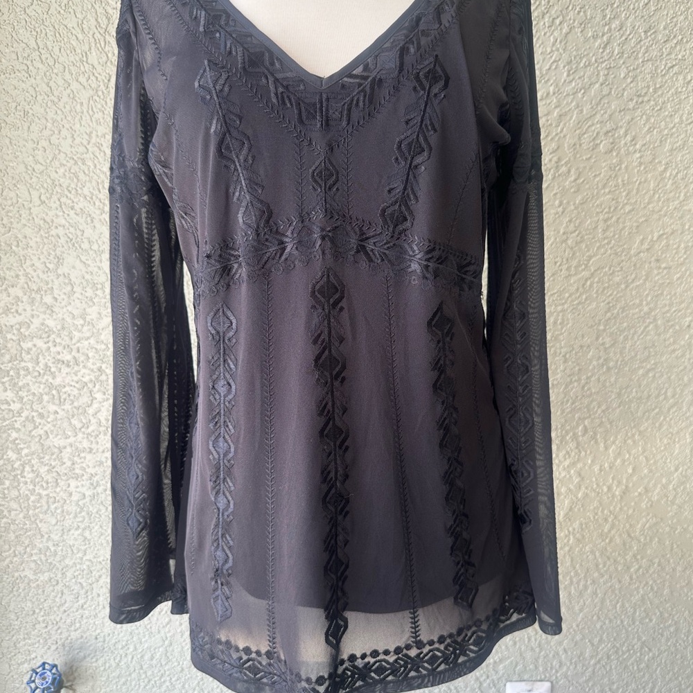 White House Black Market Black Sheer Embroidered V-Neck Top